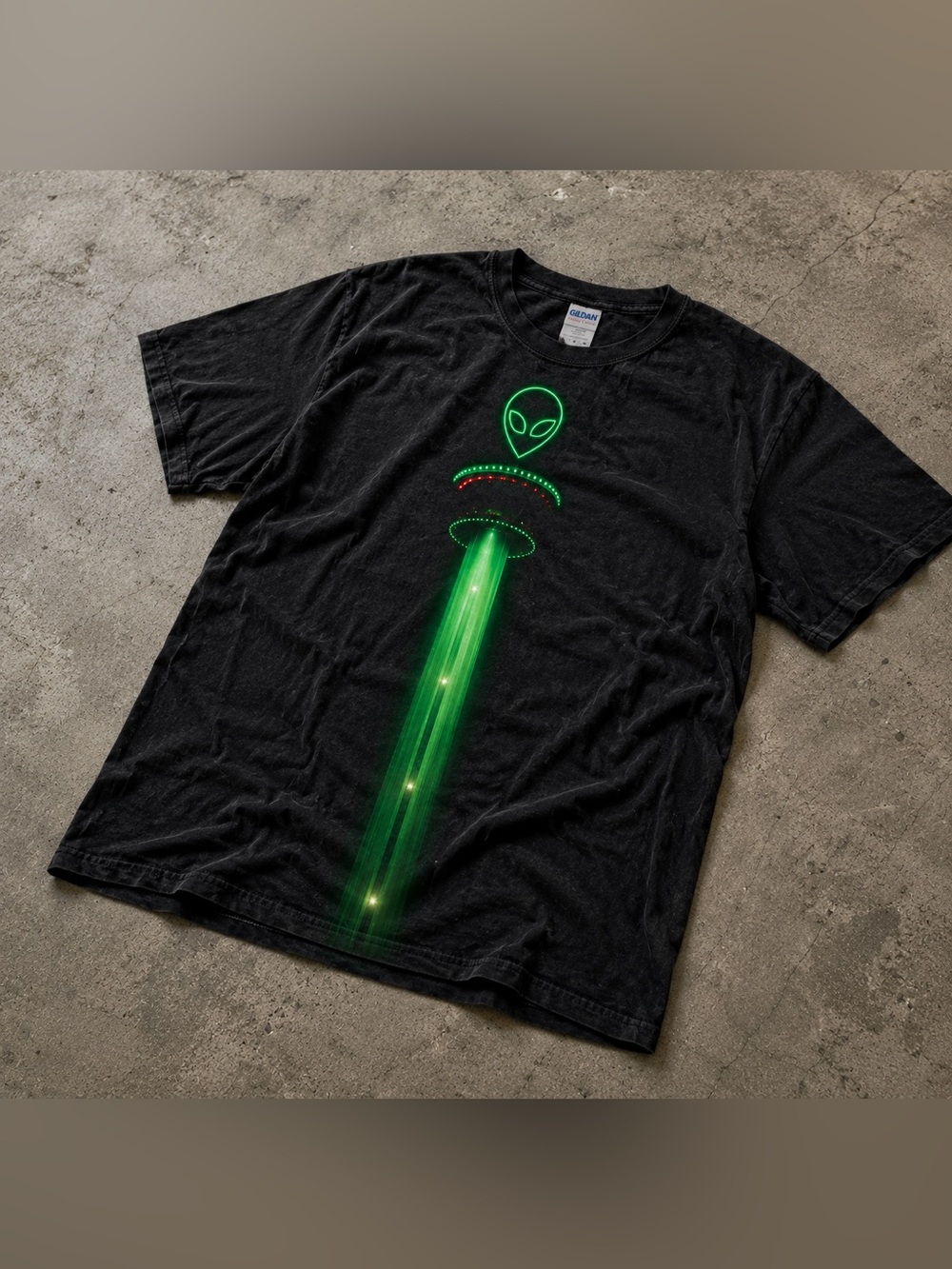 Gildan Black T-Shirt with Green Alien and Neon Beam Graphic - Spurs Basketball